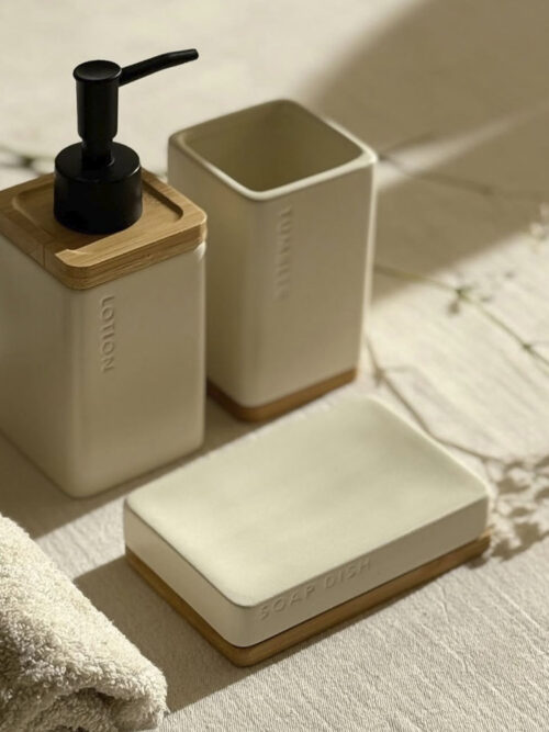 Set de baño cerámica con base de bambú - 3 pieza